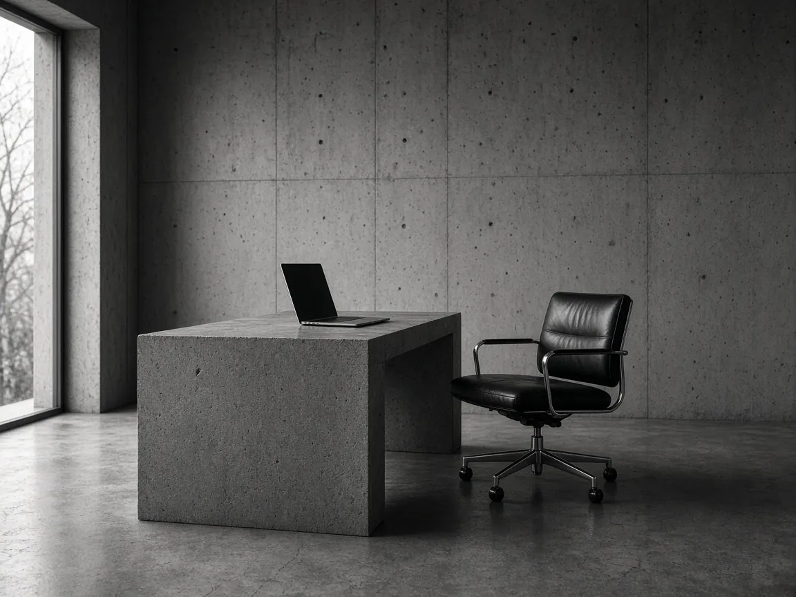 Decorative image: black and white minimal studio with a stone desk and a leather chair