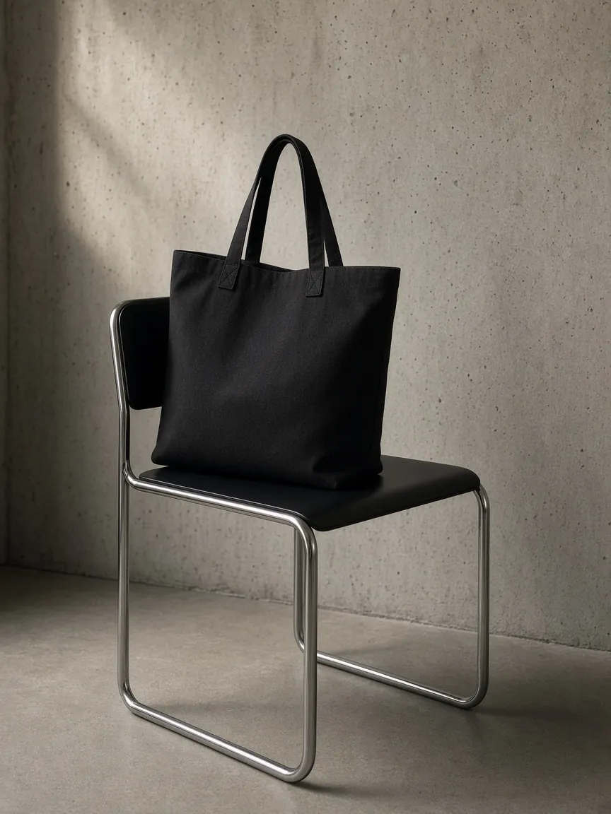 Decorative image: plain black tote bag on a chrome chair