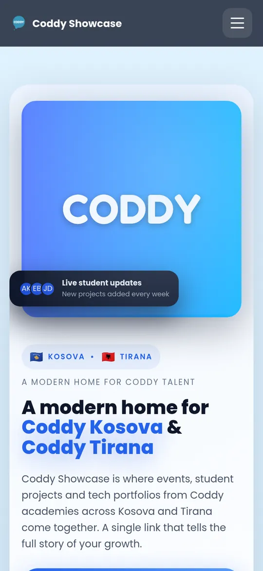 Coddy Showcase homepage on a phone